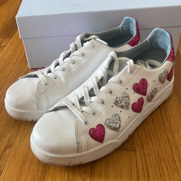 Chiara Ferragni Women’s White Sneakers With Pink Sequin Hearts Size 39 - Picture 2 of 10